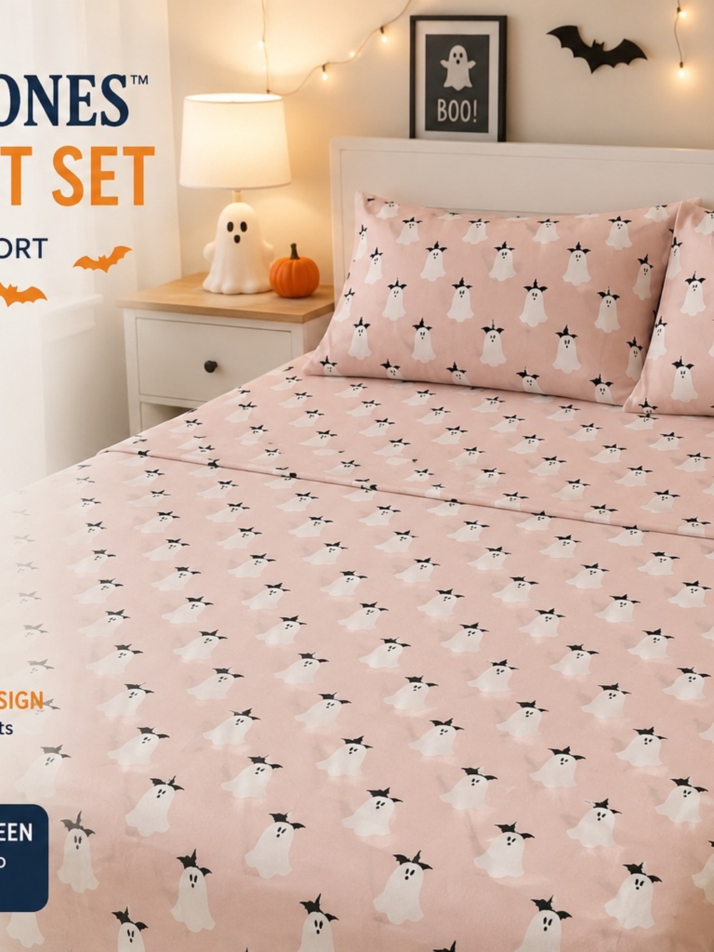 Ghost Print Pink Bed Sheet Set - Unbranded